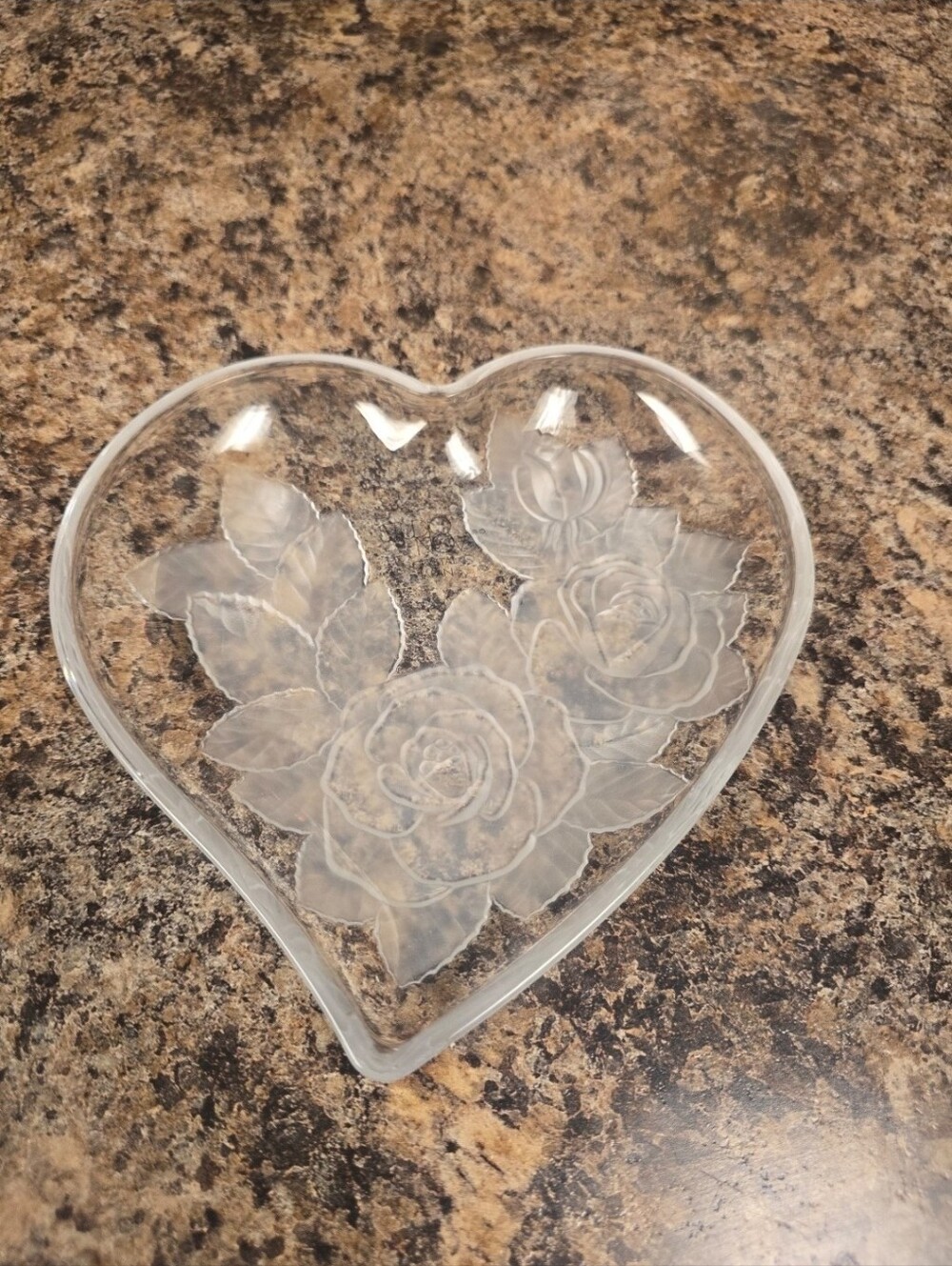 Heart-Shaped Glass Dish with Etched Rose Design - Clear